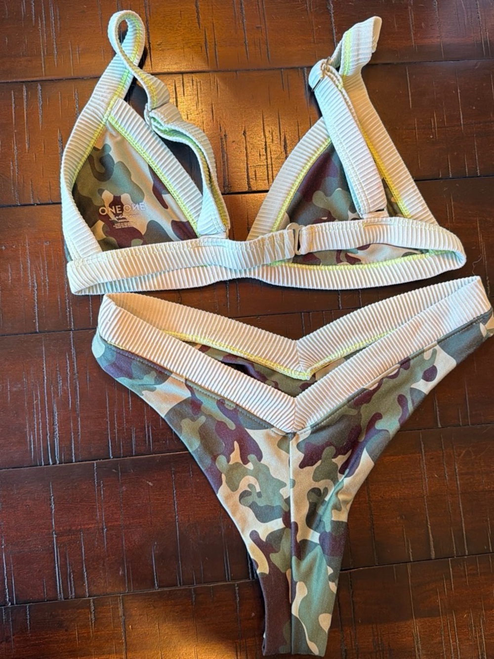 ONE ONE Camo Rib-Trim Bikini Set - Green Camouflage - Picture 5 of 5